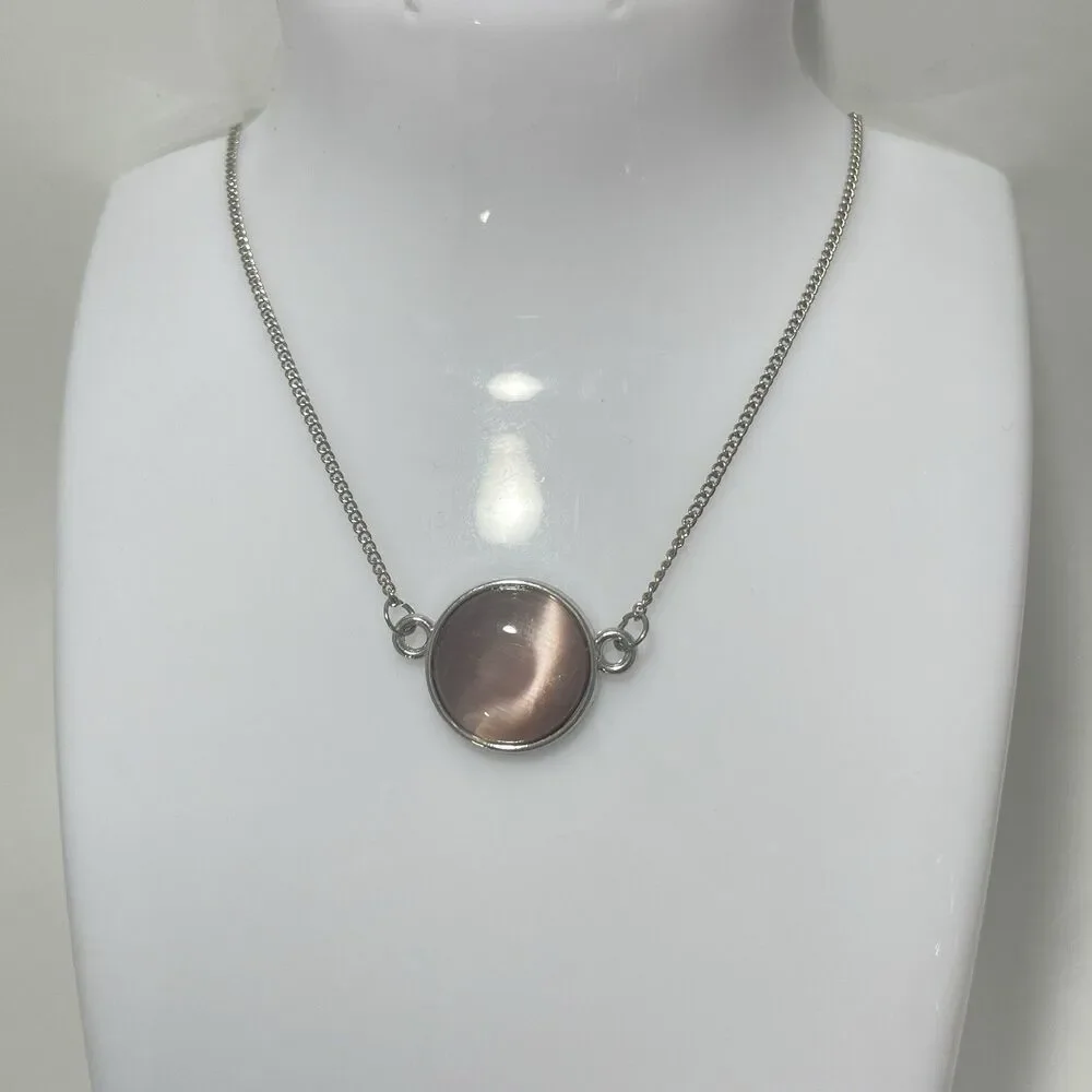 Beautiful Pink Cat Eye Glass Pendant Silver Tone Necklace 17” Adjustable Chain - Picture 1 of 6